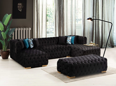 Polo Black Velvet Double Chaise "U" Shape Sectional Sofa - Ornate Home