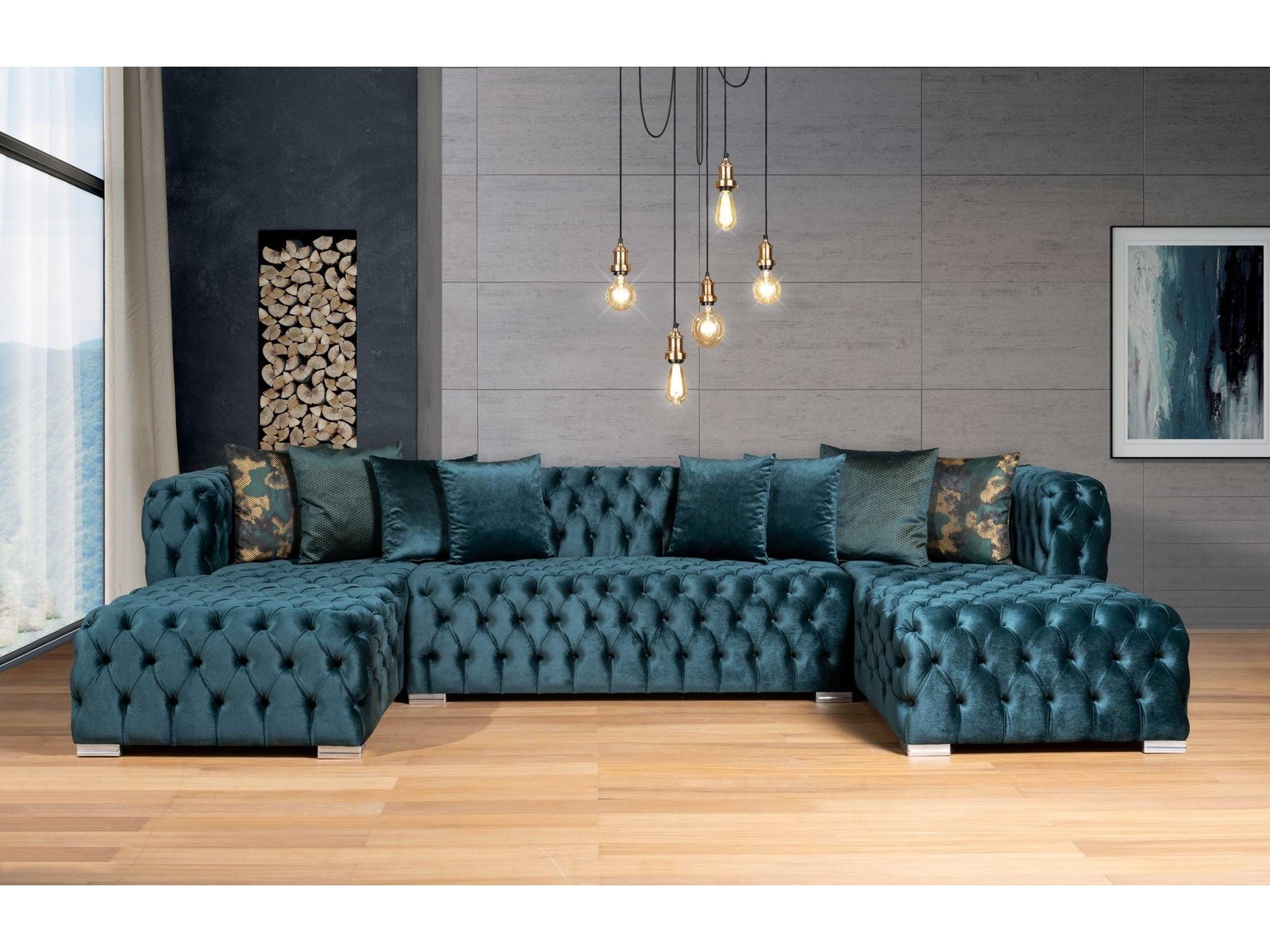 Polo Pine Green Velvet Double Chaise "U" Shape Sectional Sofa - Ornate Home