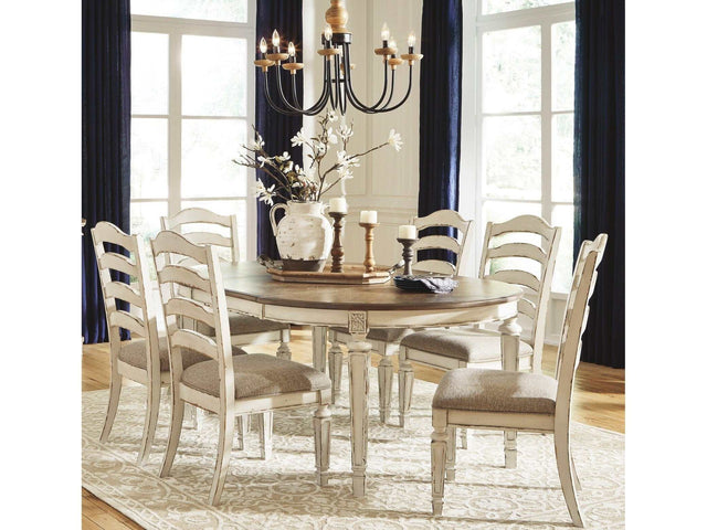 Realyn Chipped White Oval Dining Room Set / 7pc with Ladder-Back Chairs - Ornate Home
