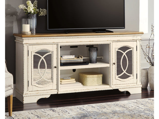 Realyn Chipped White XL 74" TV Stand w/Fireplace Option - Ornate Home