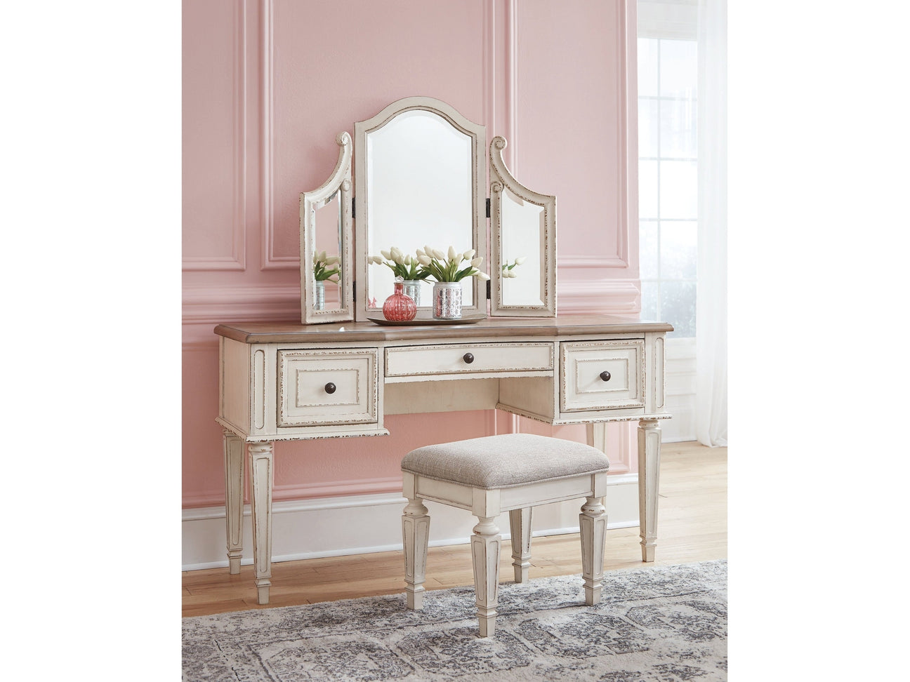 Realyn Vanity & Mirror w/ Stool (Set of 3) - Ornate Home