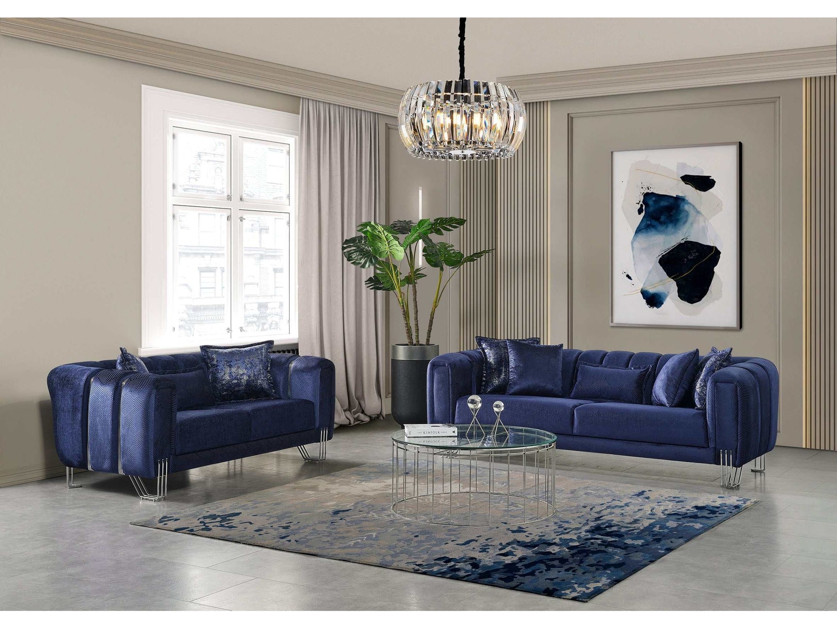 Santana Navy Velvet Sofa & Loveseat / 2pc - Ornate Home