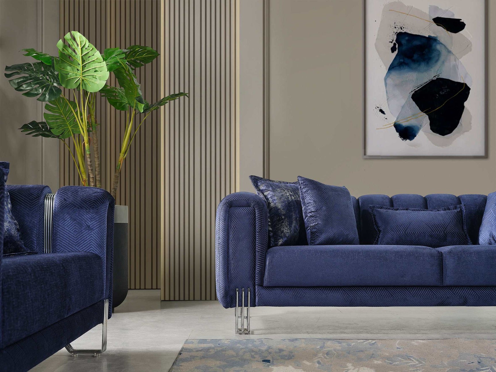 Santana Navy Velvet Sofa & Loveseat / 2pc - Ornate Home