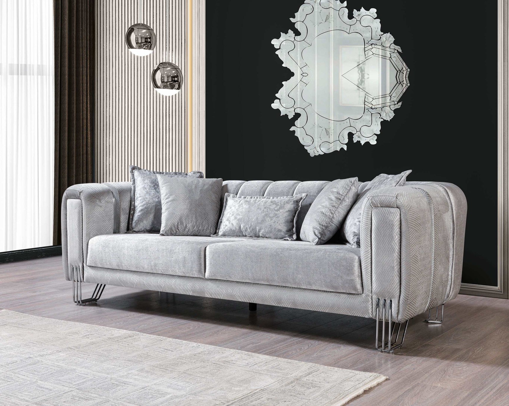 Santana Silver Velvet Sofa & Loveseat / 2pc - Ornate Home