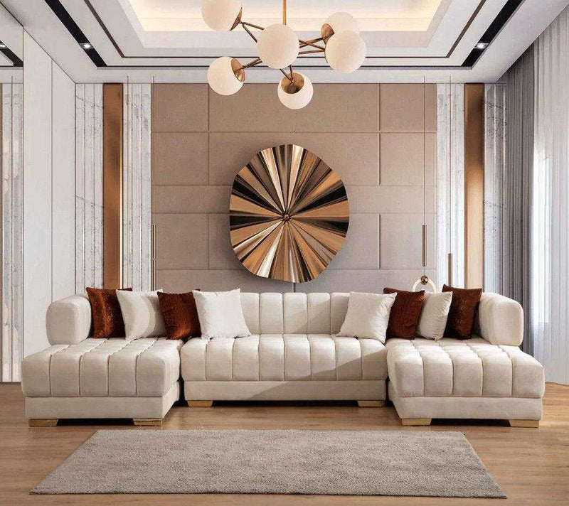 Ariana Ivory Velvet Double Chaise "U" Shape Sectional Sofa - Ornate Home
