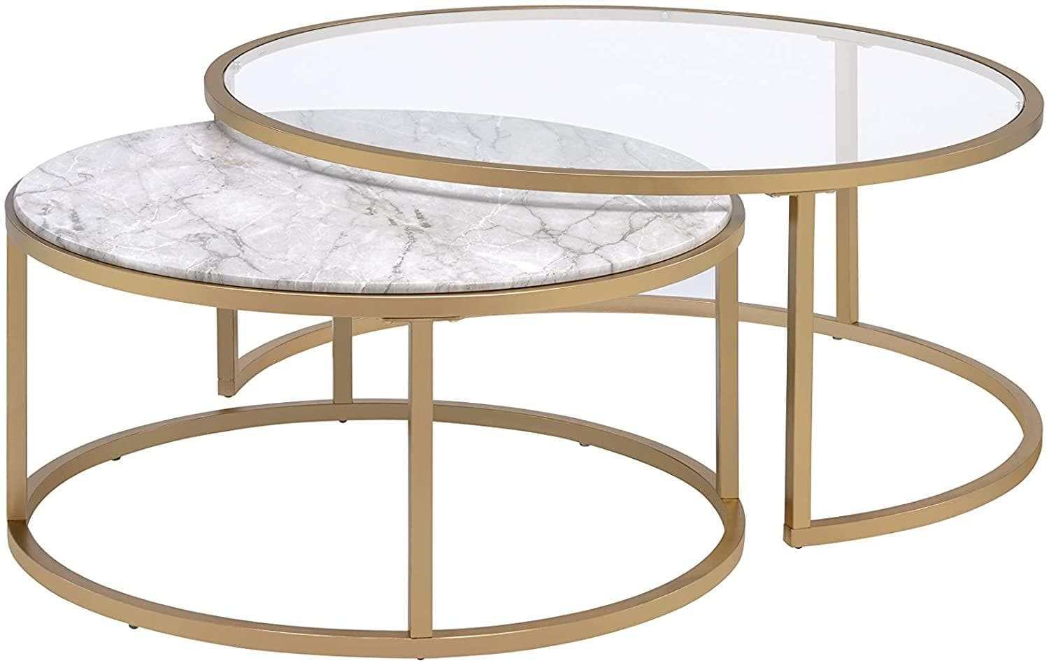 Shanish Nesting Table Set (2Pc) Faux Marble/Glass & Gold - Ornate Home
