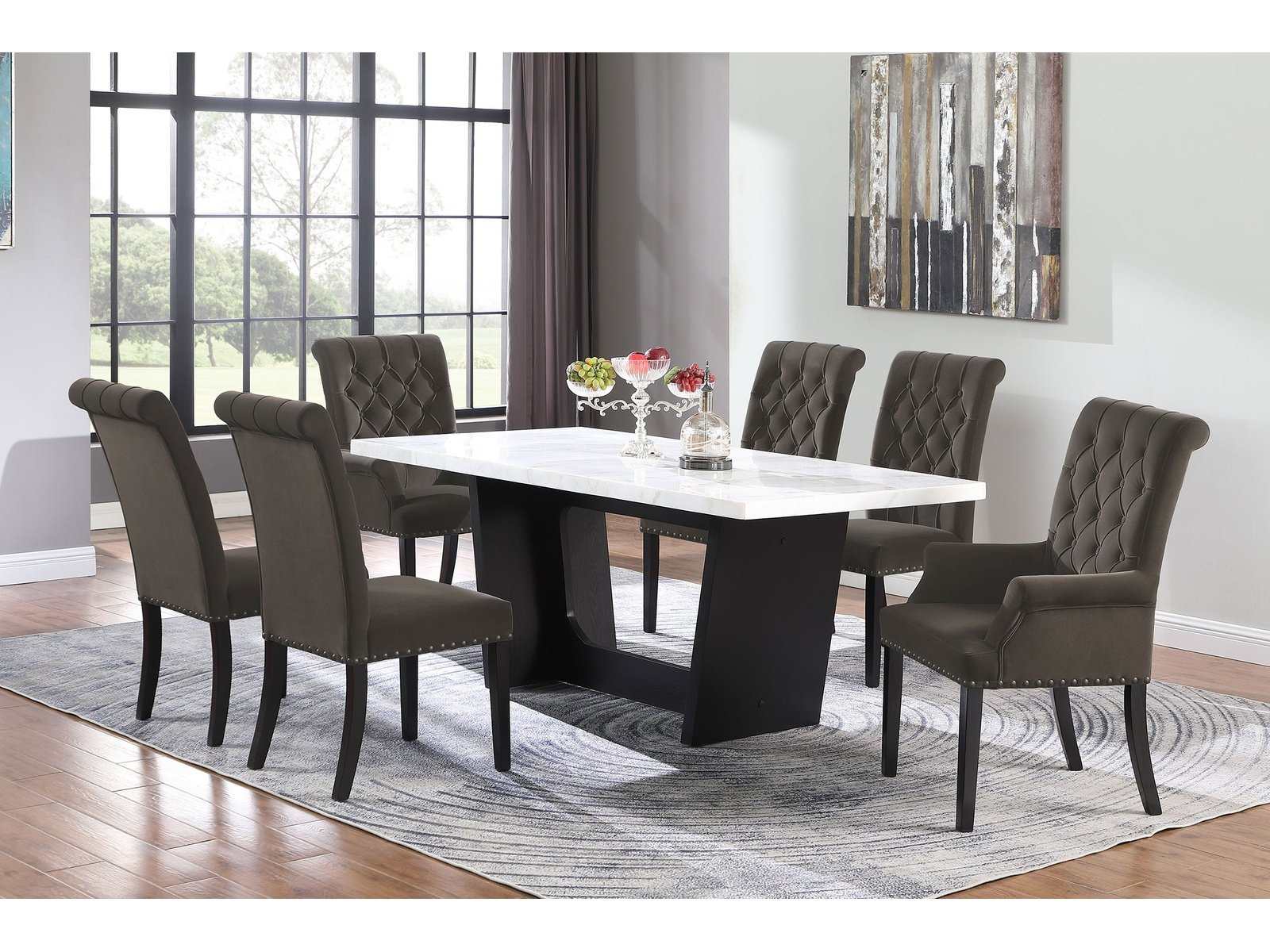 Sherry White Marble / Brown 7 Pc Dining Set - Ornate Home
