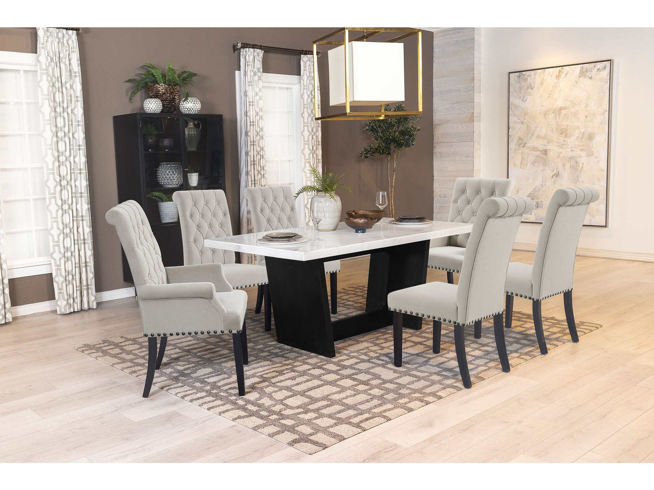 Sherry White Marble / Sand 7 Pc Dining Set - Ornate Home