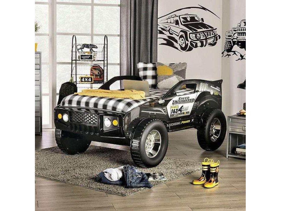 Speed Jump Black Off-Road Twin Car Bed w/ LED Headlights - Ornate Home