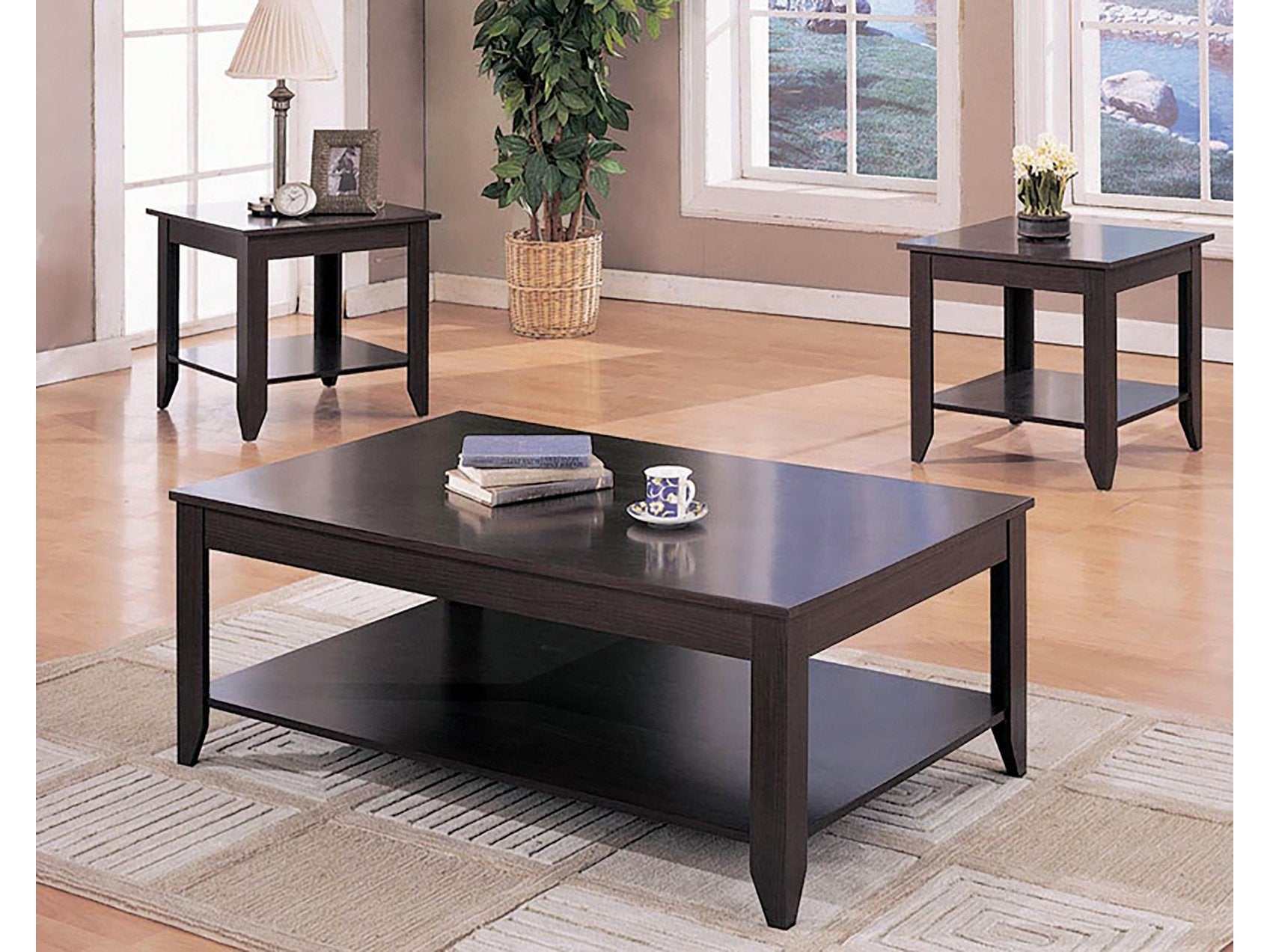 Stewart Cappuccino 3pc Occasional Table Set w/ Lower Shelf - Ornate Home