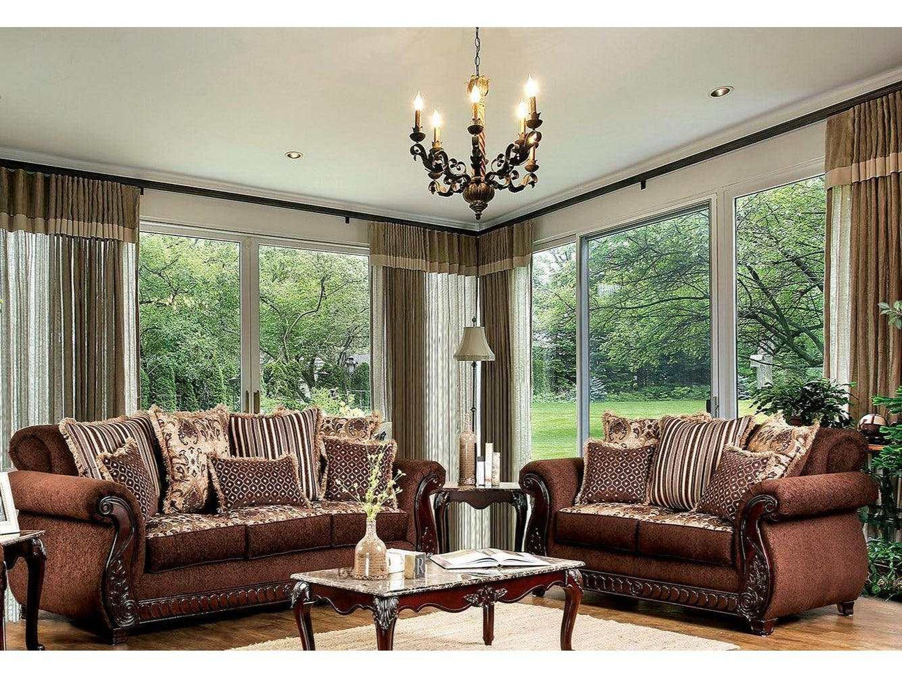 Tabitha Brown & Gold Stationary Sofa & Loveseat 2pc - Ornate Home