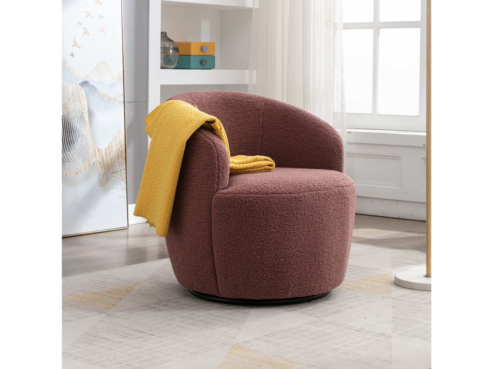 Tule Boucle Swivel Accent Armchair with Metal Ring Detail Dark Red - Ornate Home