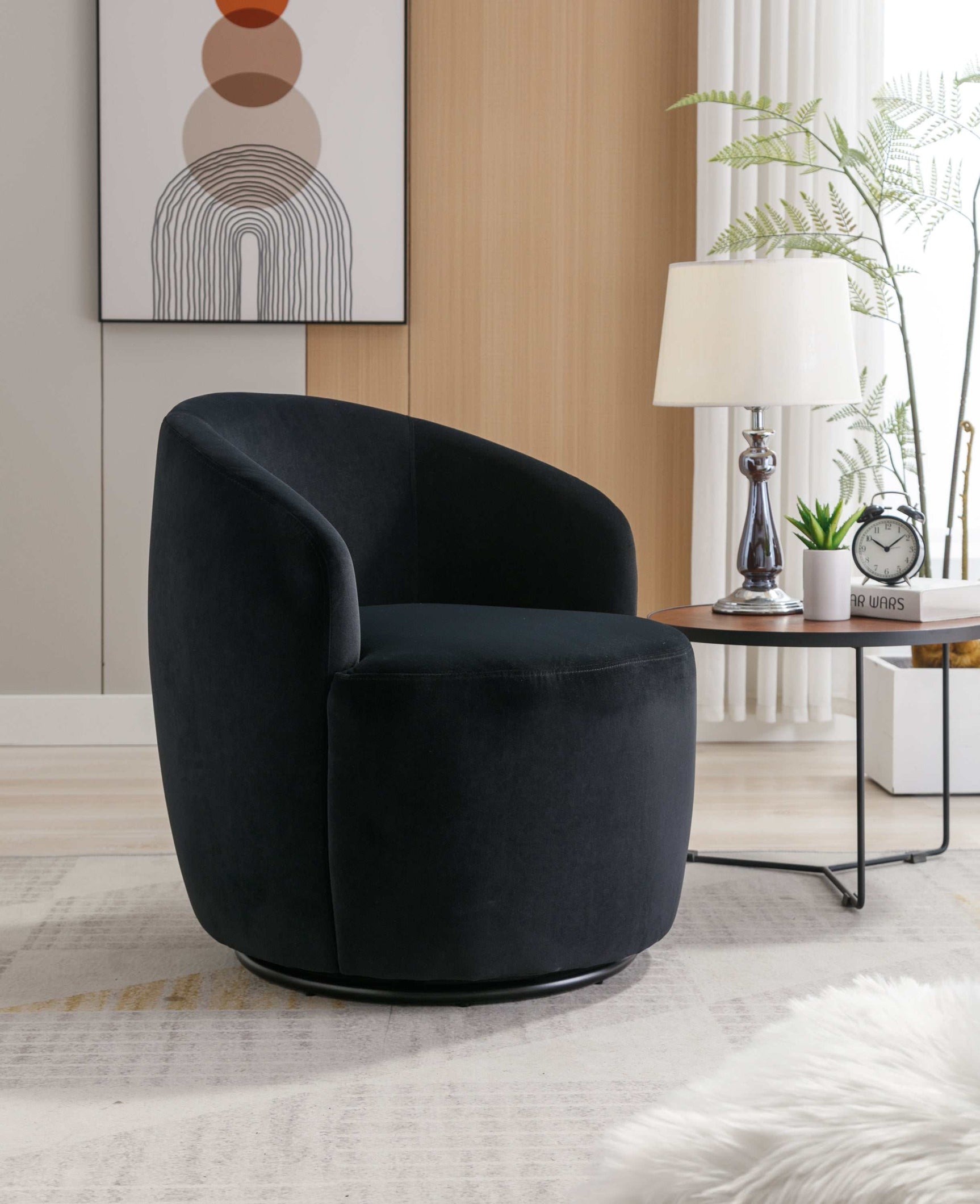 Tule Velvet Swivel Accent Armchair with Metal Ring Detail Black - Ornate Home