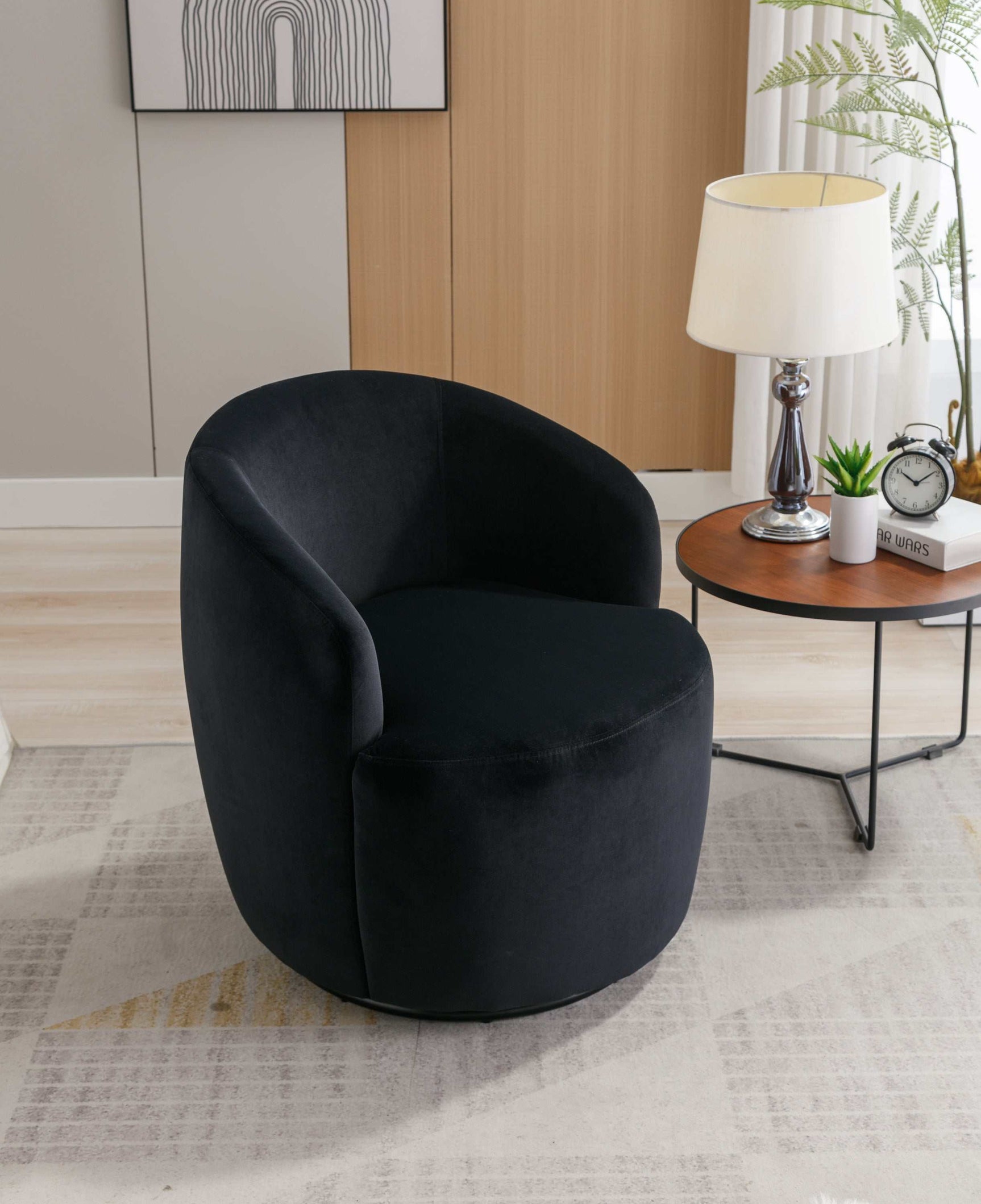 Tule Velvet Swivel Accent Armchair with Metal Ring Detail Black - Ornate Home