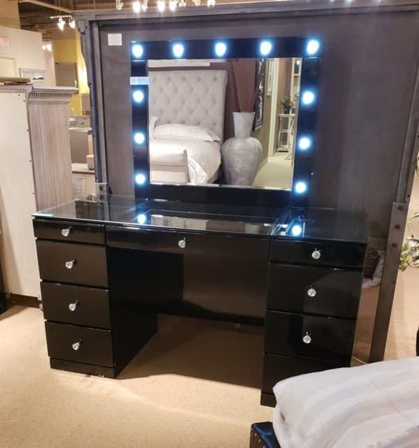 Avery Black Vanity Set w/LED Mirror & Stool - Ornate Home
