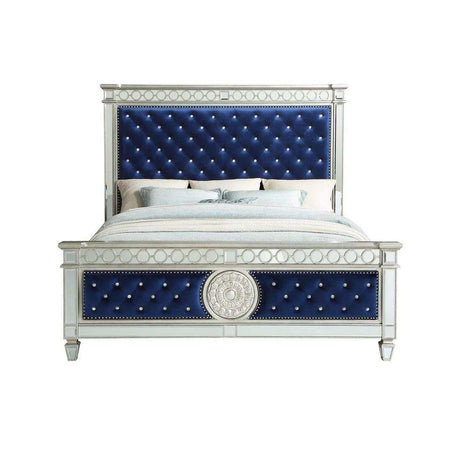 Varian Blue Velvet & Mirrored Queen Bed - Ornate Home