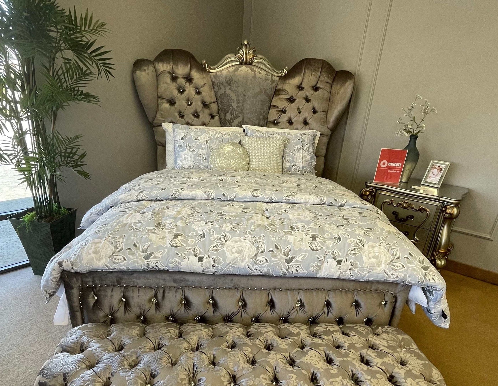 Versailles Antique Platinum Velvet Queen Bed - Ornate Home