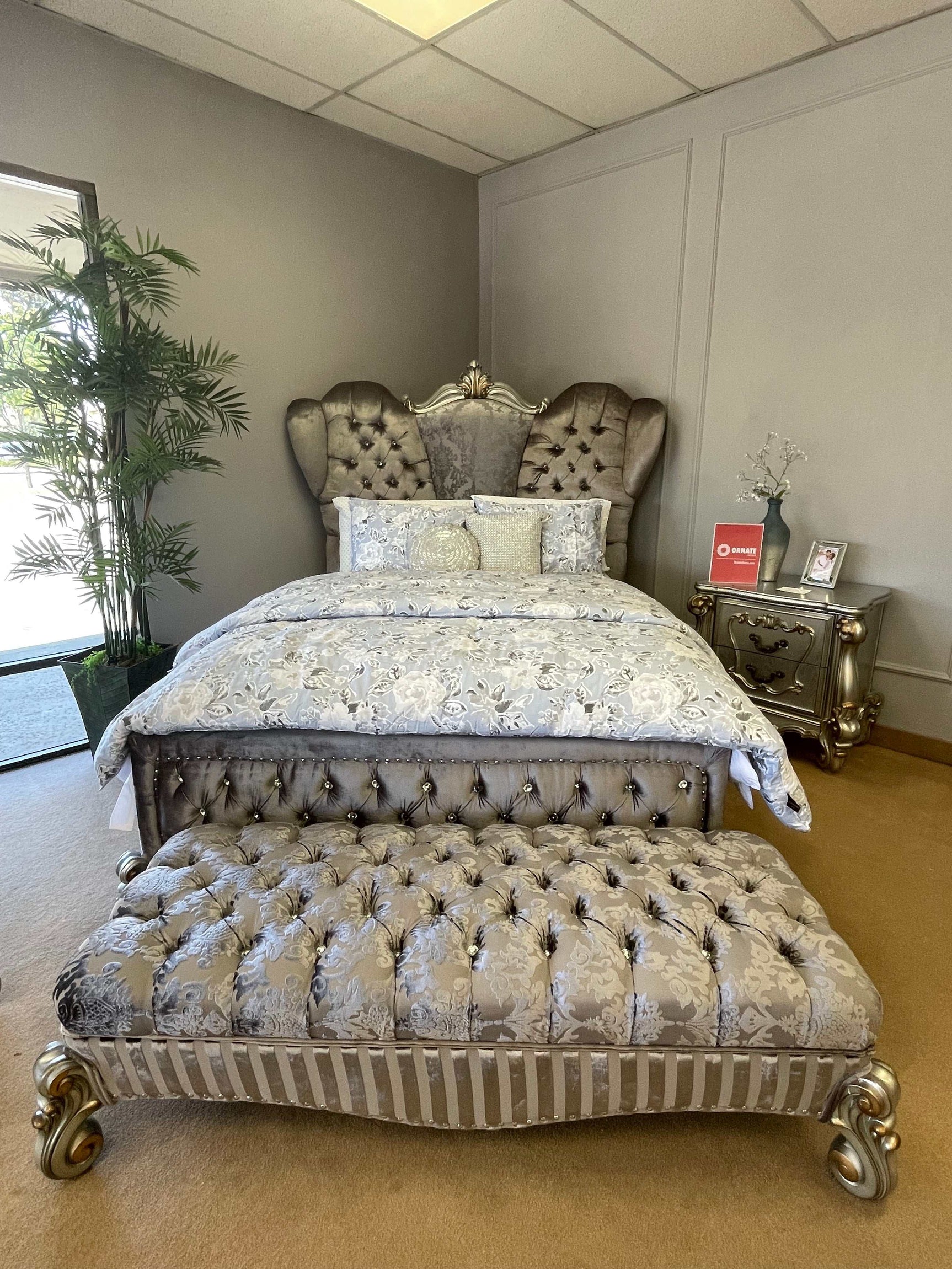 Versailles Antique Platinum Velvet Queen Bed - Ornate Home