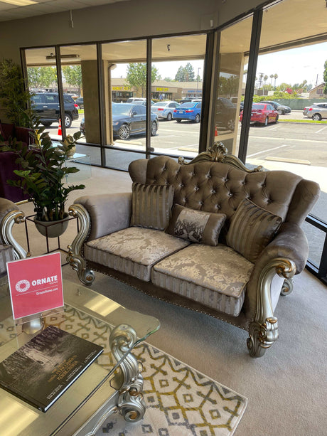 Versailles Velvet & Antique Platinum Loveseat w/3 Pillows - Ornate Home