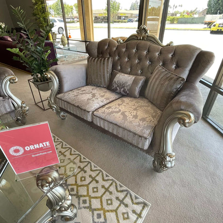Versailles Velvet & Antique Platinum Loveseat w/3 Pillows - Ornate Home