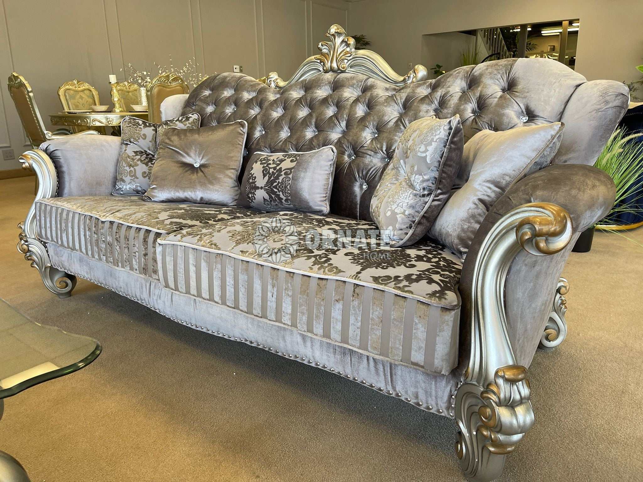 Versailles Velvet & Antique Platinum Sofa w/5 Pillows - Ornate Home