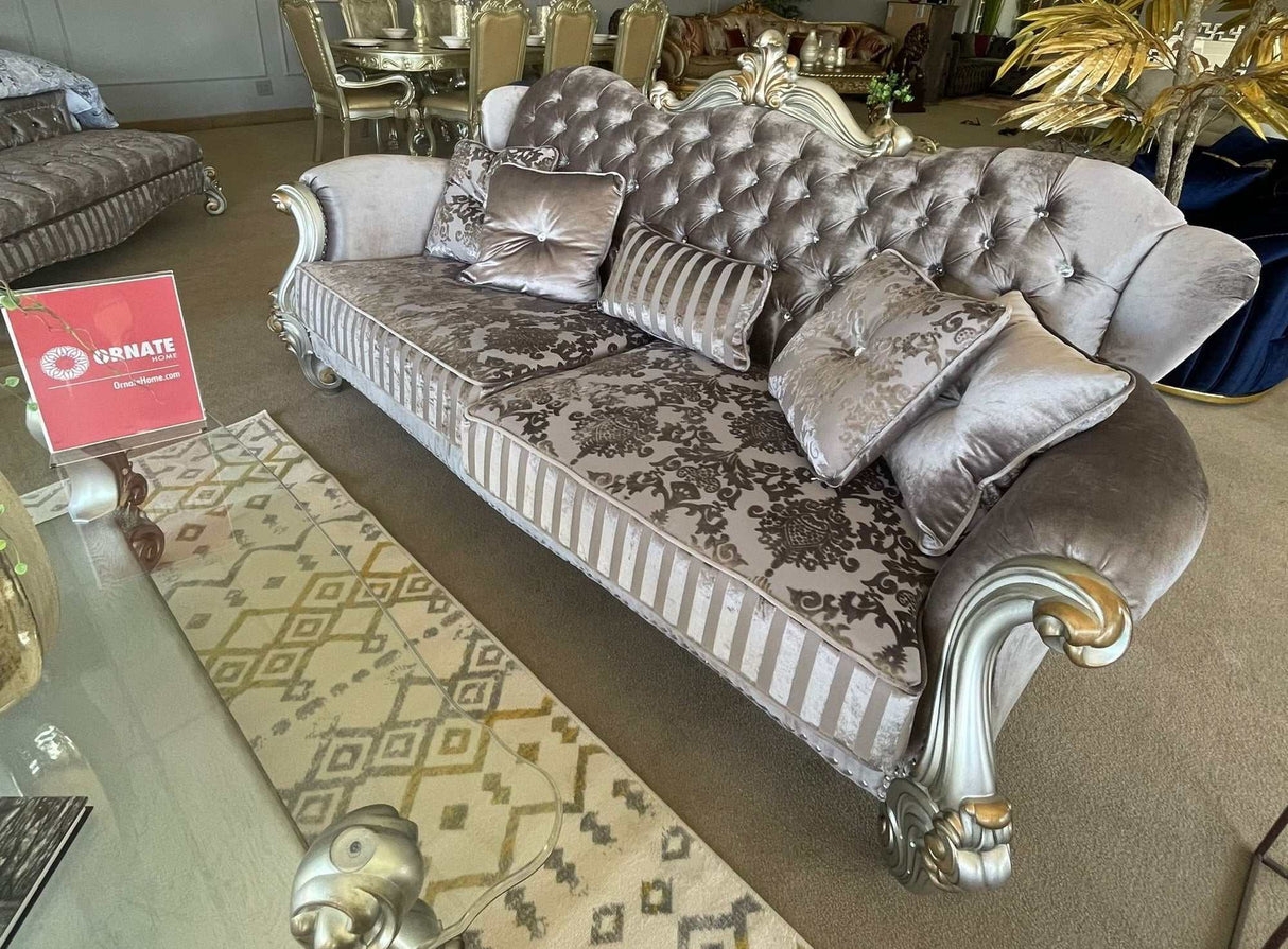 Versailles Velvet & Antique Platinum Sofa w/5 Pillows - Ornate Home