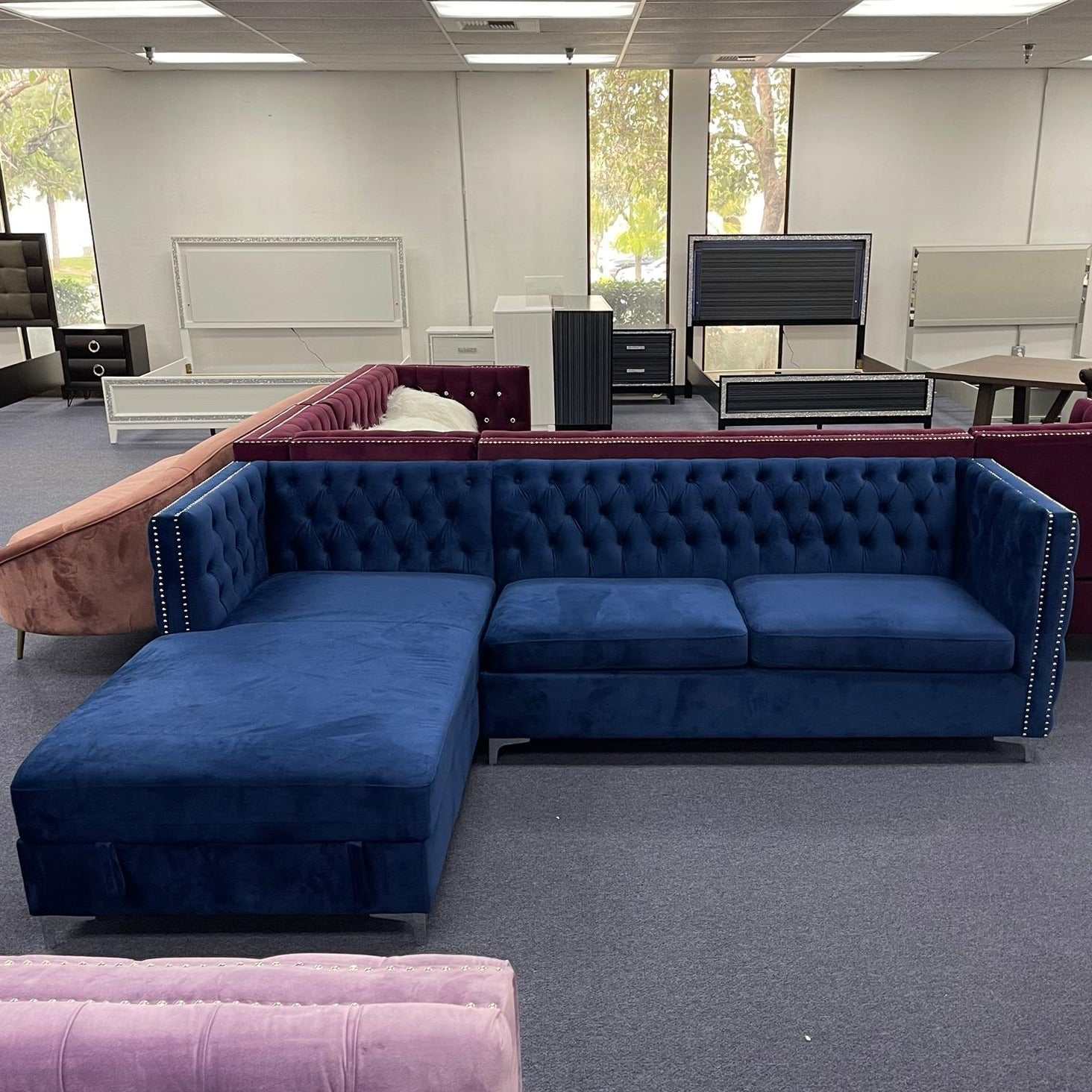 Sullivan Navy Blue Velvet Sectional Sofa w/ Storage Chaise - Ornate Home