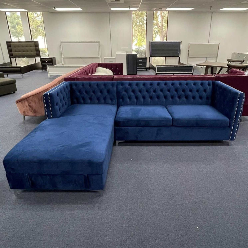 Sullivan Navy Blue Velvet Sectional Sofa w/ Storage Chaise - Ornate Home