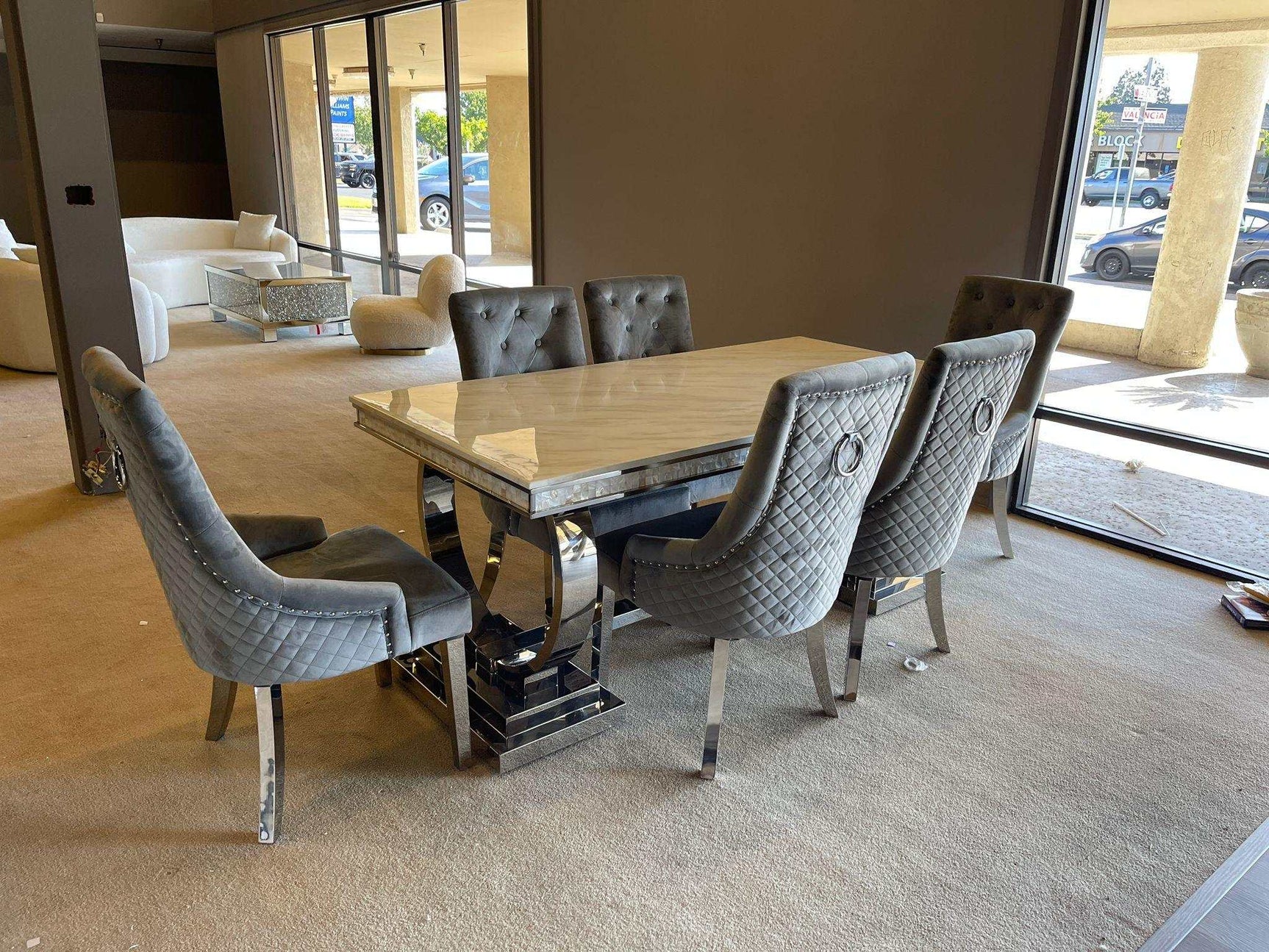 Zander White Faux Marble & Mirrored Silver 7pc Dining Room Set - Ornate Home