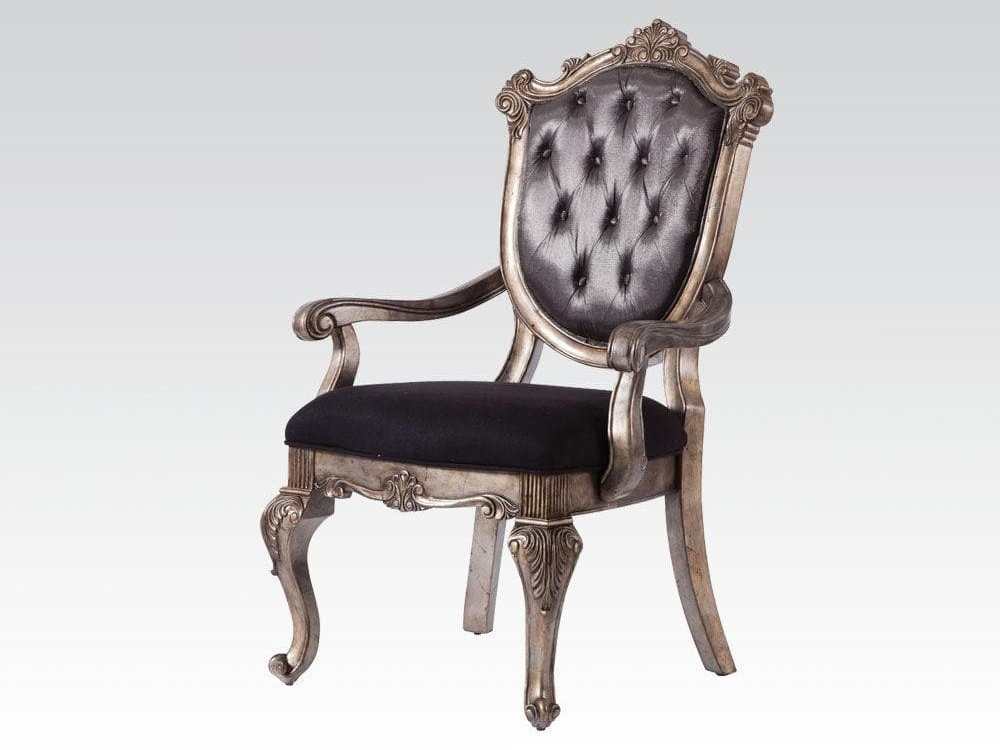 Chantelle Button Tufted Back Seat Dining Arm Chair (Set of 2) in Antique Platinum - Ornate Home