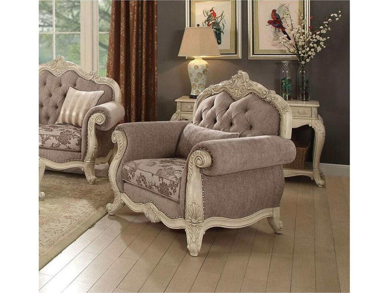 Acme Ragenardus Chair with 1 Pillow in Gray Fabric & Antique White 56022 - Ornate Home