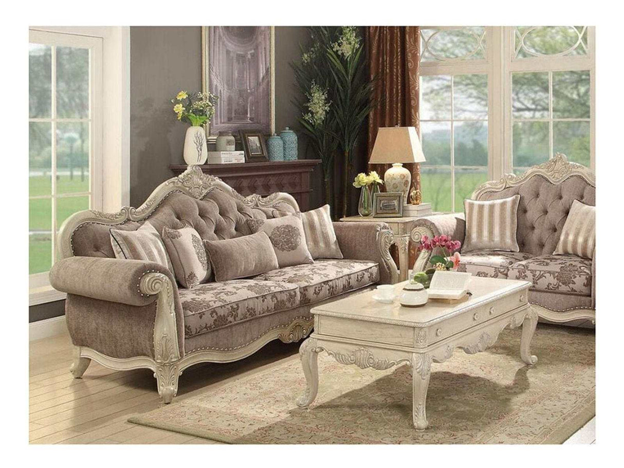 Ragenardus Sofa with 5 Pillows in Gray Fabric & Antique White 56020 - Ornate Home