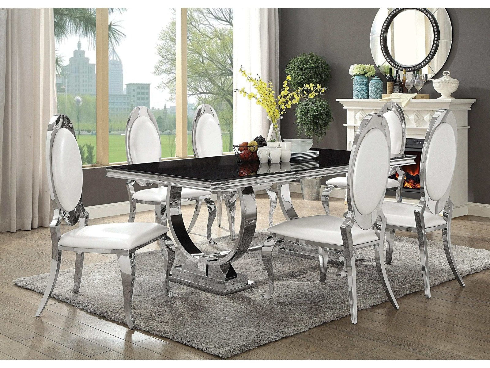 Antoine Cream & Chrome 7pc Dining Room Set - Ornate Home