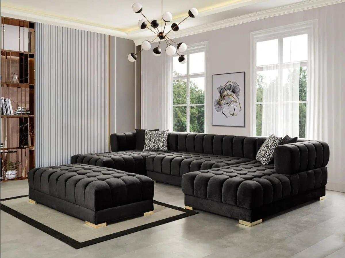 Ariana Black Velvet Double Chaise "U" Shape Sectional Sofa - Ornate Home