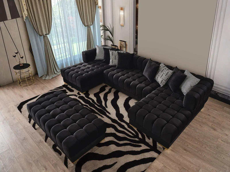 Ariana Black Velvet Double Chaise "U" Shape Sectional Sofa - Ornate Home