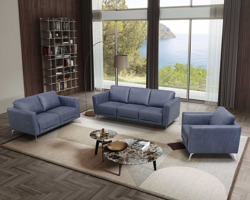 Astonic Blue Leather Living Room Set / 3pc - Ornate Home