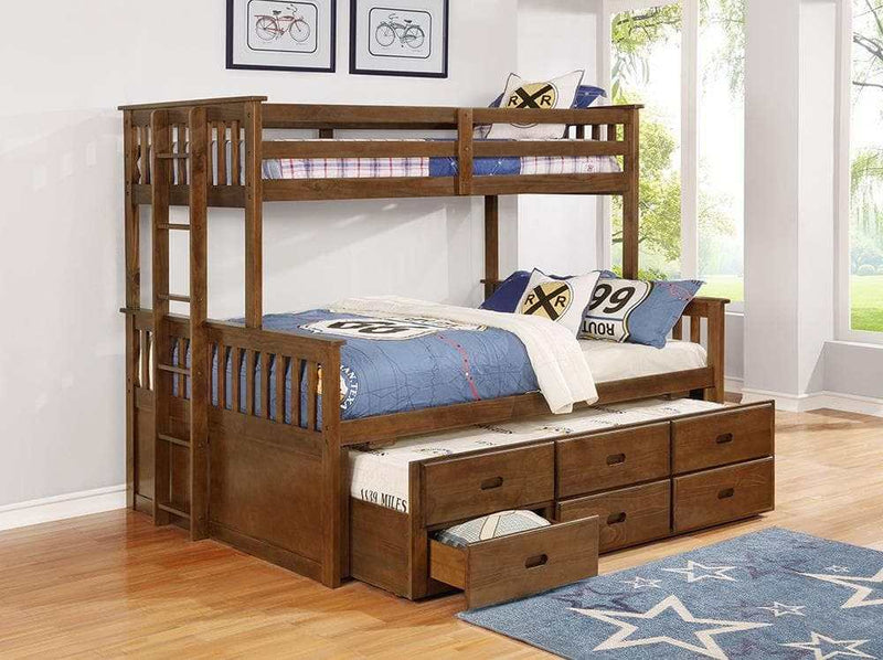 Atkin Weathered Walnut Twin Extra Long Over Queen 3-Drawer Bunk Bed - Ornate Home