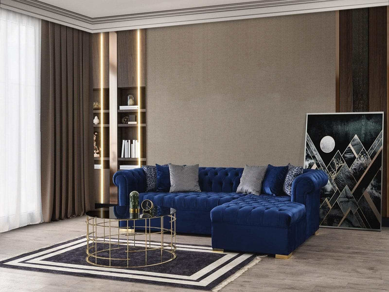 Audrey Blue Velvet RAF Chaise L Shape Sectional Sofa - Ornate Home