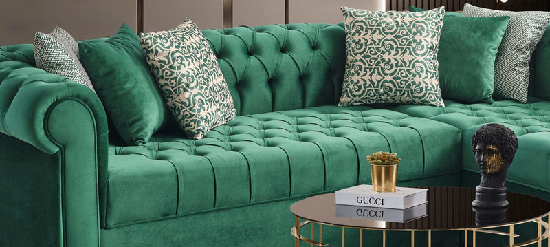 Audrey Green Velvet RAF Chaise L Shape Sectional Sofa - Ornate Home