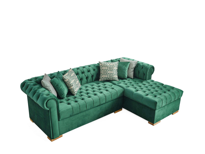 Audrey Green Velvet RAF Chaise L Shape Sectional Sofa - Ornate Home