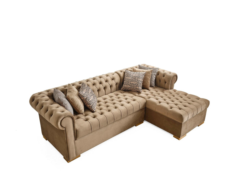 Audrey - Mocha Velvet - RAF Chaise L Shape Sectional Sofa - Ornate Home