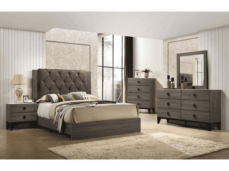 Avantika Fabric & Rustic Gray Oak Queen Bed - Ornate Home