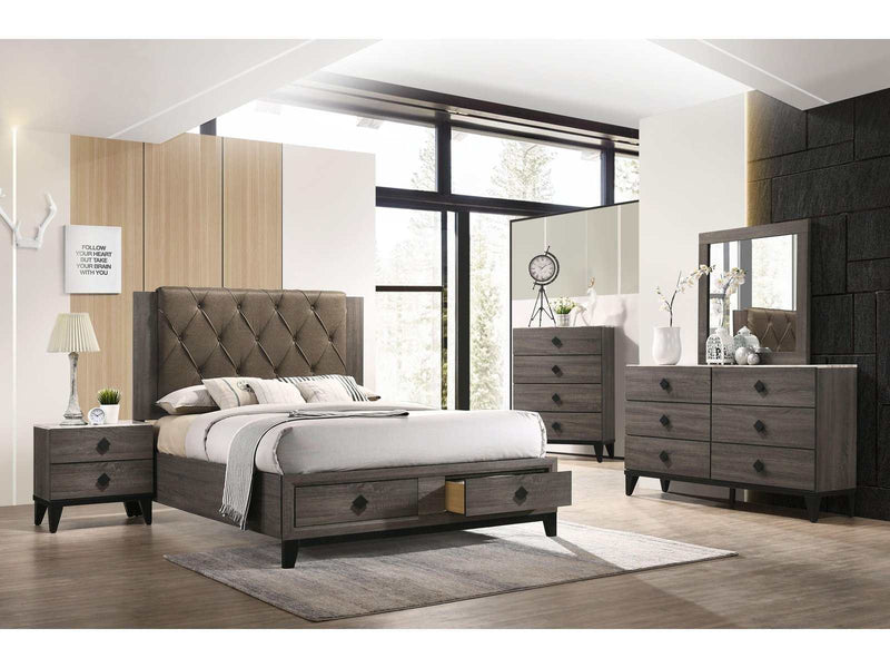 Avantika Fabric & Rustic Gray Oak Queen Bed (Storage) - Ornate Home