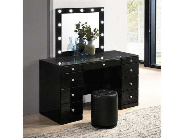 Avery Black Vanity Set w/LED Mirror & Stool - Ornate Home