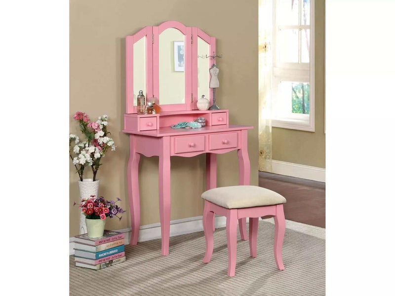 Janelle Pink Vanity Set w/ Stool - Ornate Home