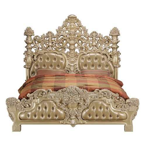 Seville Tan PU & Gold Finish Eastern King Bed - Ornate Home