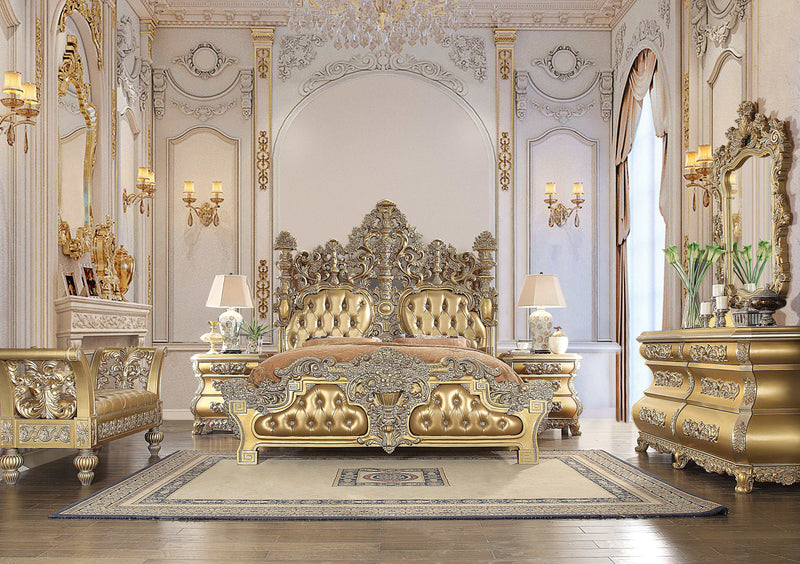 Seville Tan PU & Gold Finish Eastern King Bed - Ornate Home