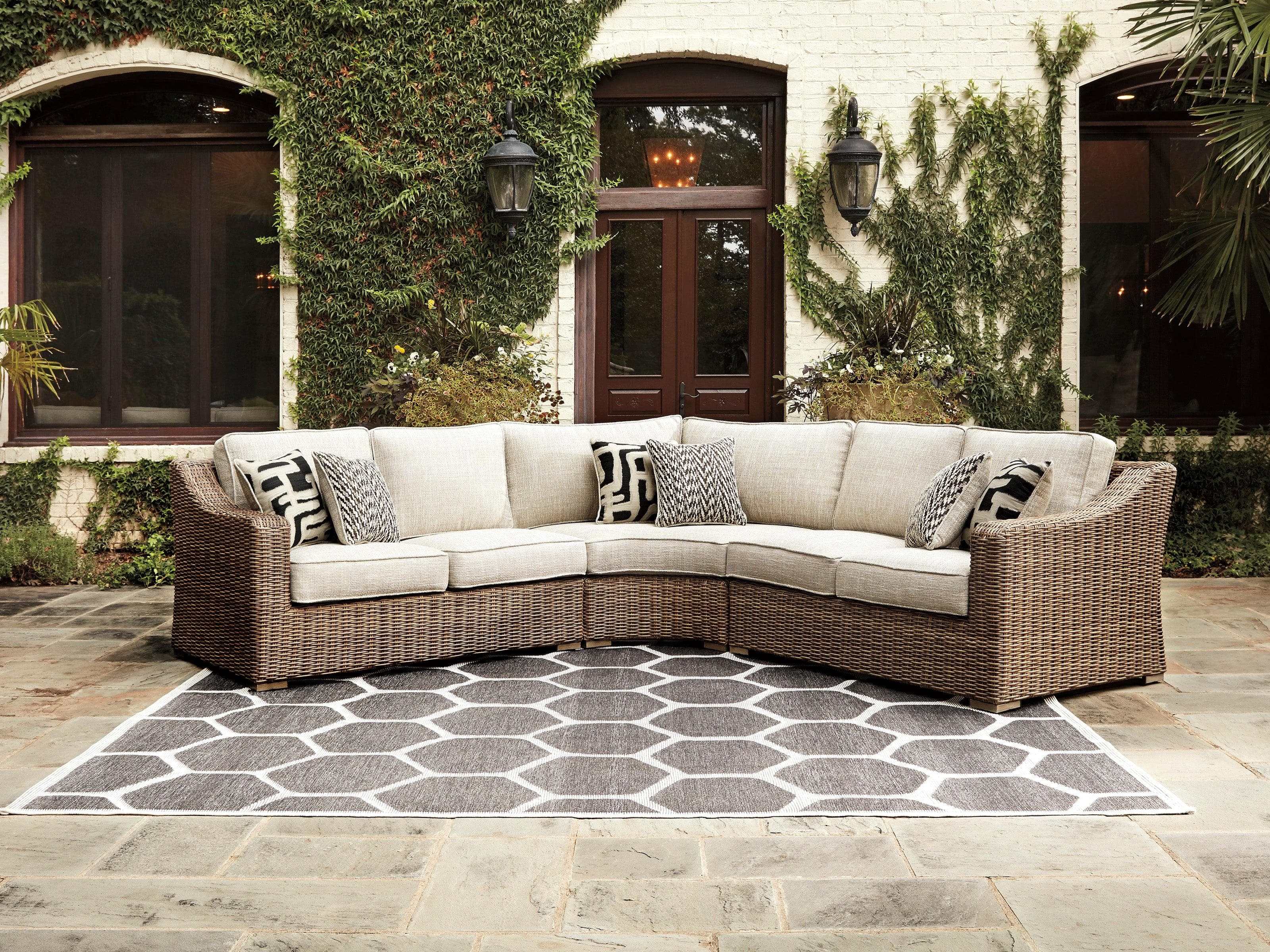 Beachcroft Beige 3pc L Shape Outdoor Sofa Set w/ Cushion - Ornate Home