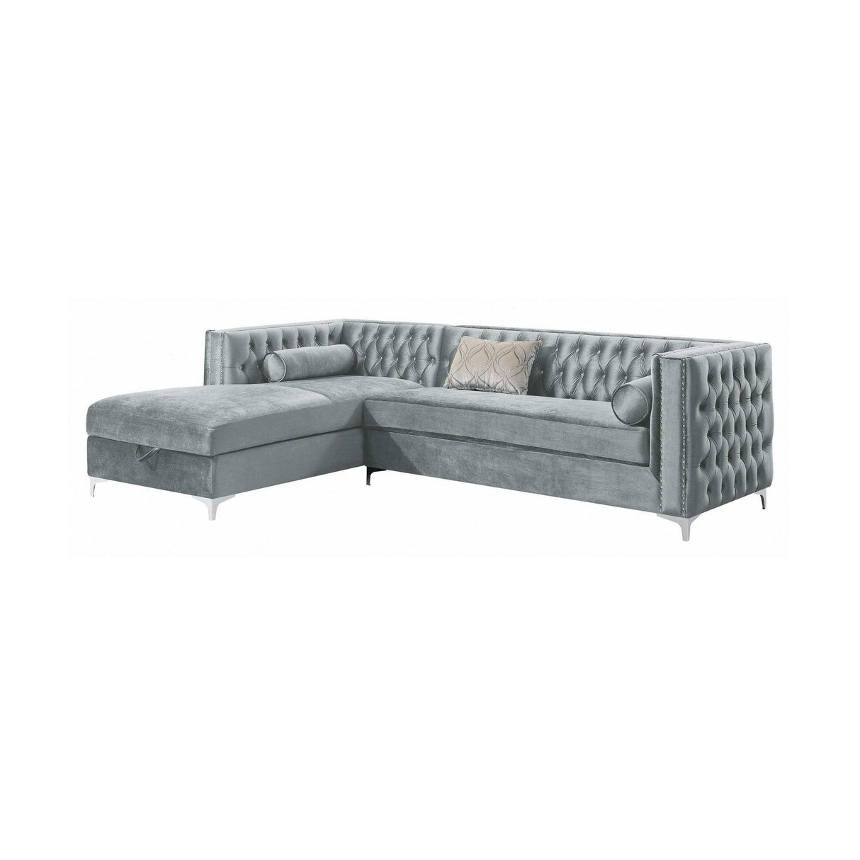 Bellaire Silver Velvet L Shape Sectional Sofa w/ Storage Chaise - Ornate Home