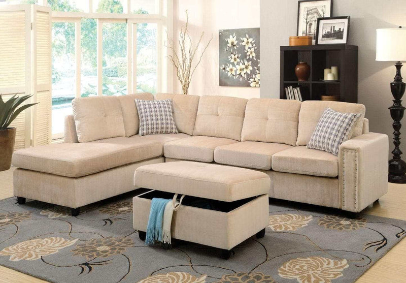 Belville - Beige Velvet - Reversible L Shape Sectional Sofa w/Pillows - Ornate Home